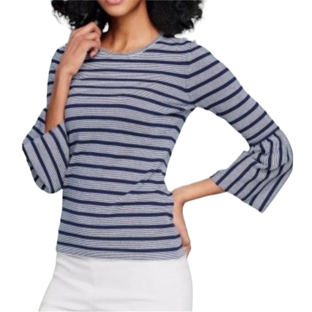 J McLaughlin Daryn Striped Bell Sleeve Sweater Top Navy White Size Small